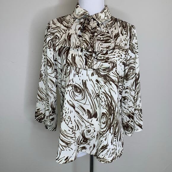 Vintage Ruffle Neck 70s Blouse Sz Medium Brown Cream - Picture 1 of 9